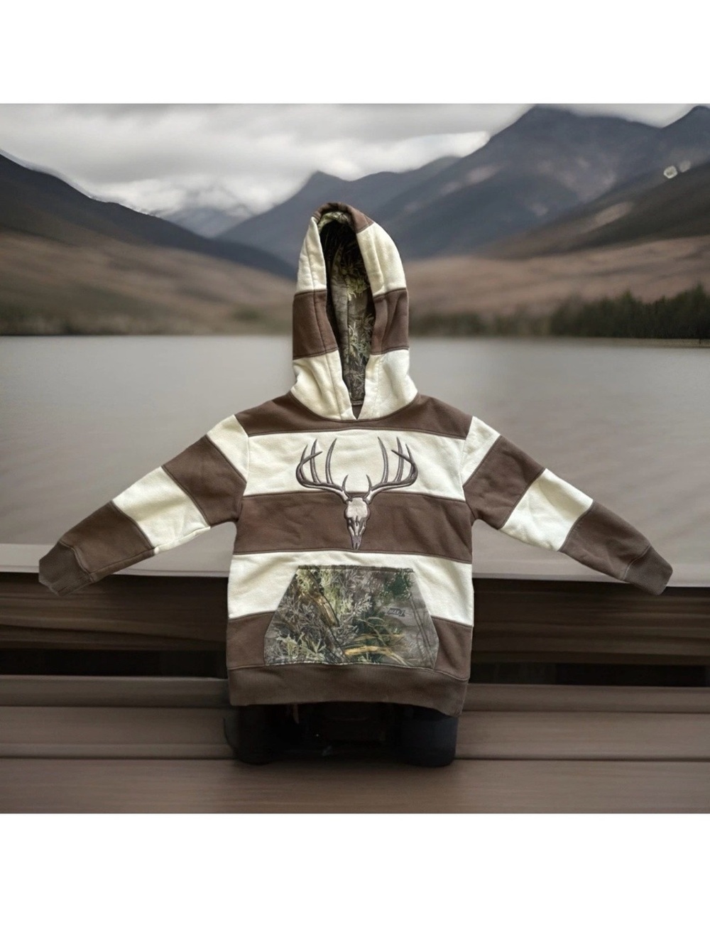 Team Realtree Kids Size 6/7 Brown Cream Camo Pullover Fleece Hoodie Warm VGUC
